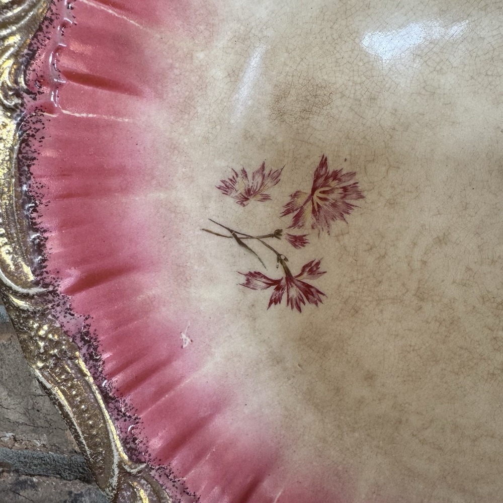 Antique Pink Floral Plate Gold Gilt Rim Victorian Art Nouveau Charger - Picture 4 of 8